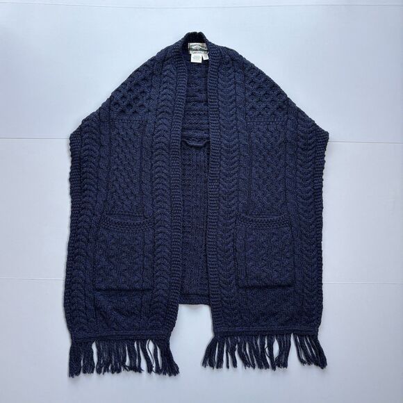 Aran Crafts Women OS Pocket Shawl Cable Knit Fisherman Merino Wool Blue Ireland - Picture 2 of 9